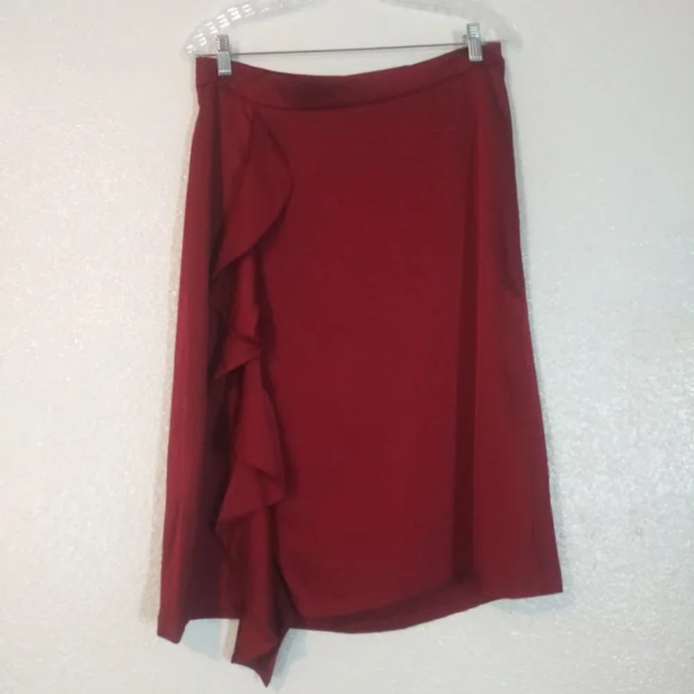 Anne klein women's size 6 dark red ruffle side slit skirt